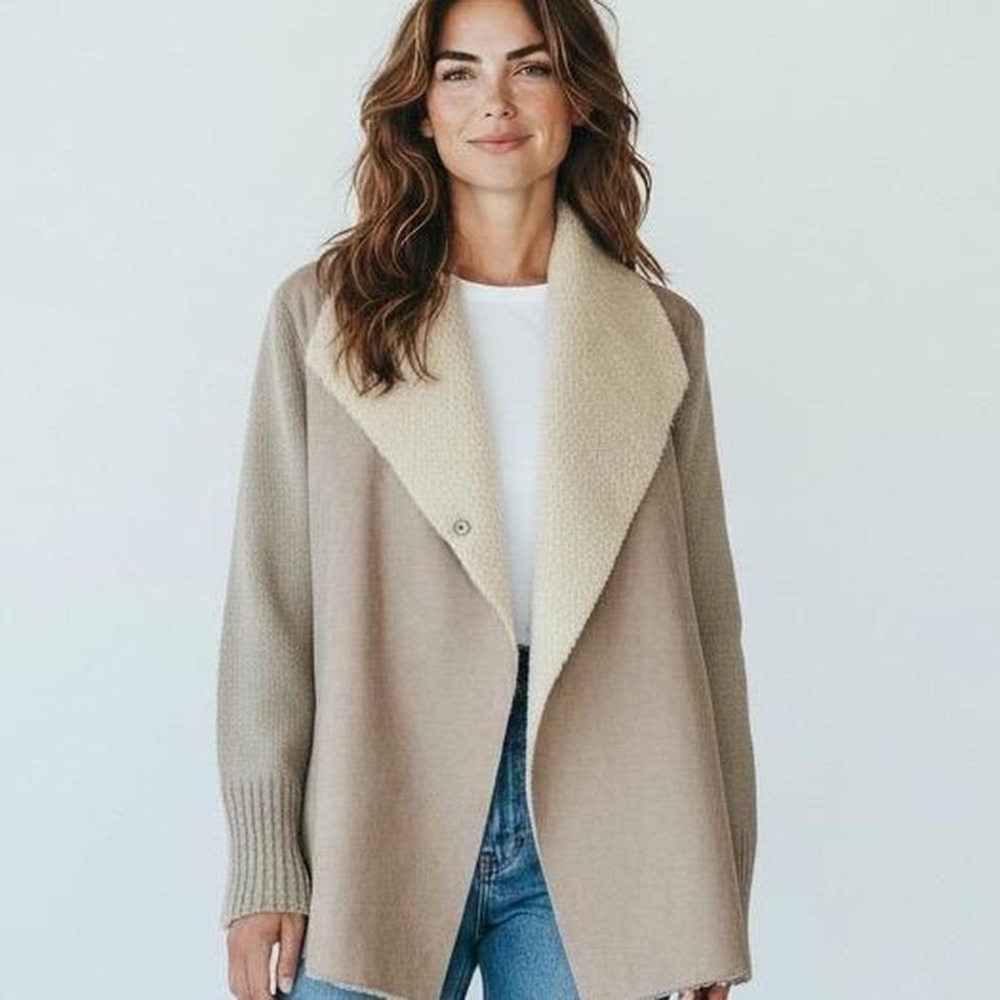 NY & Co Women's Champagne Faux Suede Leather‎ Sherpa Trim Wrap Coat XL Giftable